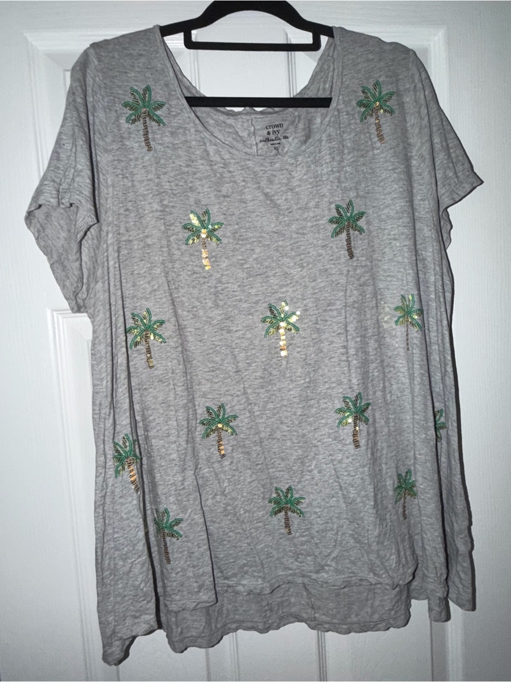 crown & ivy Gray Tee with Green and Gold Palm Sequin Details